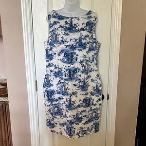 Madison Leigh Women's Sleeveless Blue/White Scenic Print Midi Dress Size 12